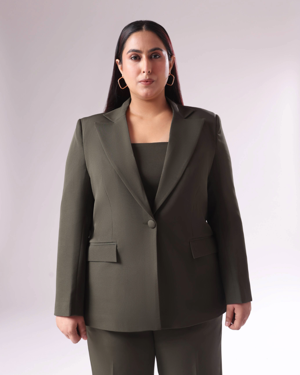 Plus Size Moss Green Single Breasted Blazer Set