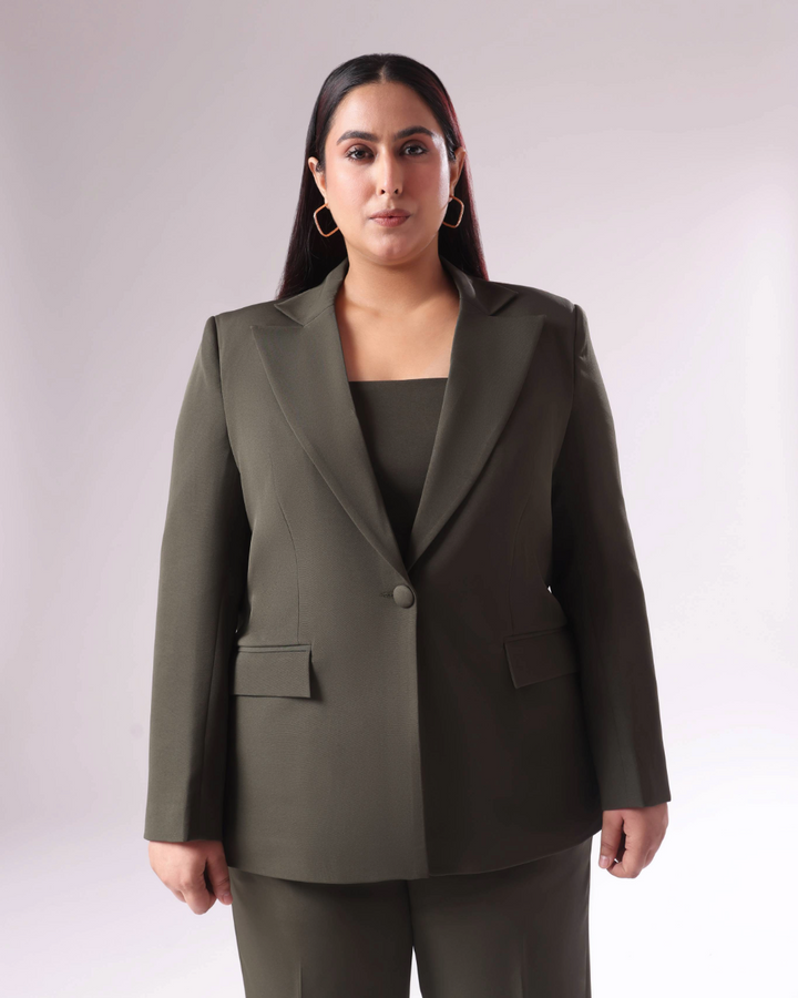 Plus Size Moss Green Single Breasted Blazer Set