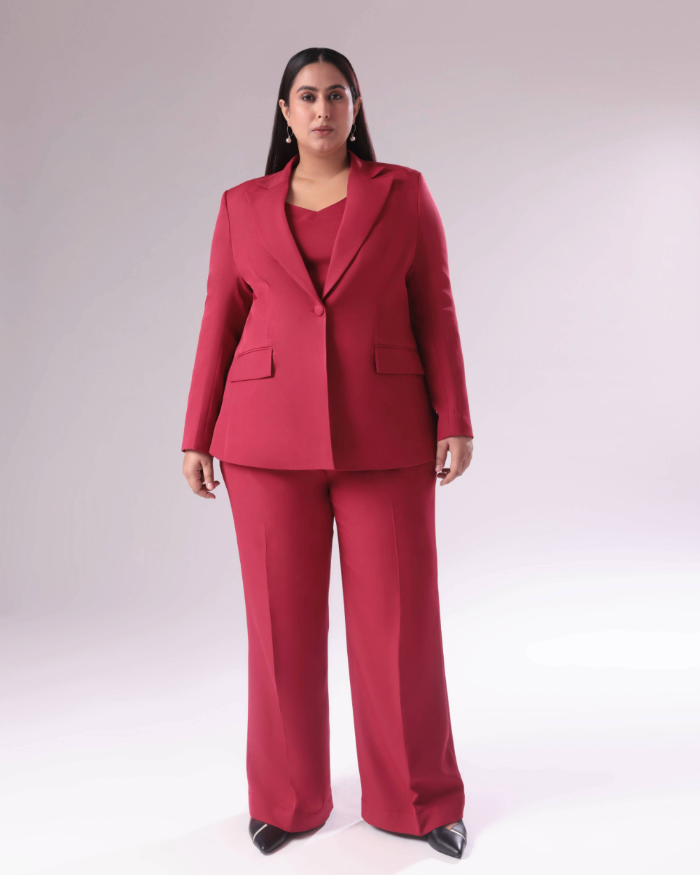 Plus Size Maroon Single Breasted Blazer Suit - Main Image