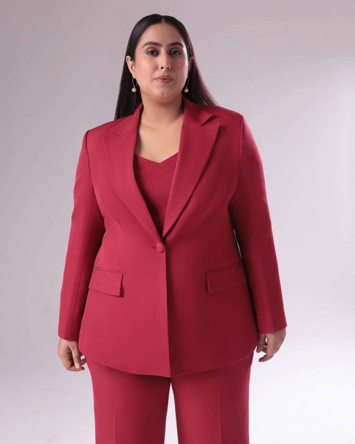 Plus Size Maroon Single Breasted Blazer Suit