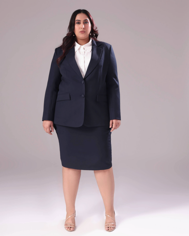 Plus Size Navy Blue Single Breasted Blazer & Skirt Set