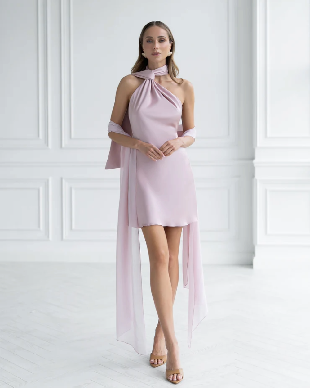 Kelly Pink Scarf-Neck Backless Mini Dress