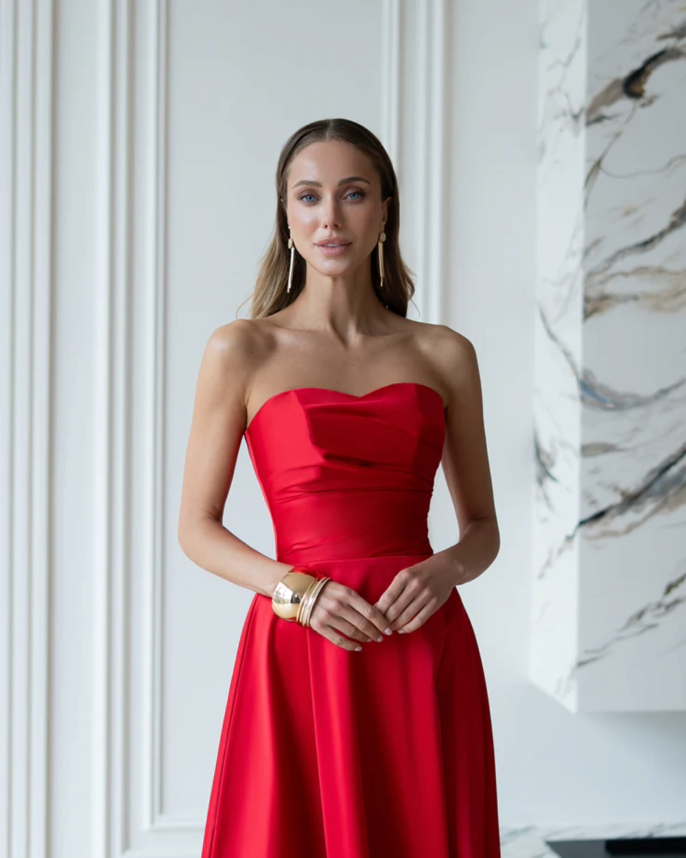 Jessica Red Satin Strapless Sweetheart Midi Dress
