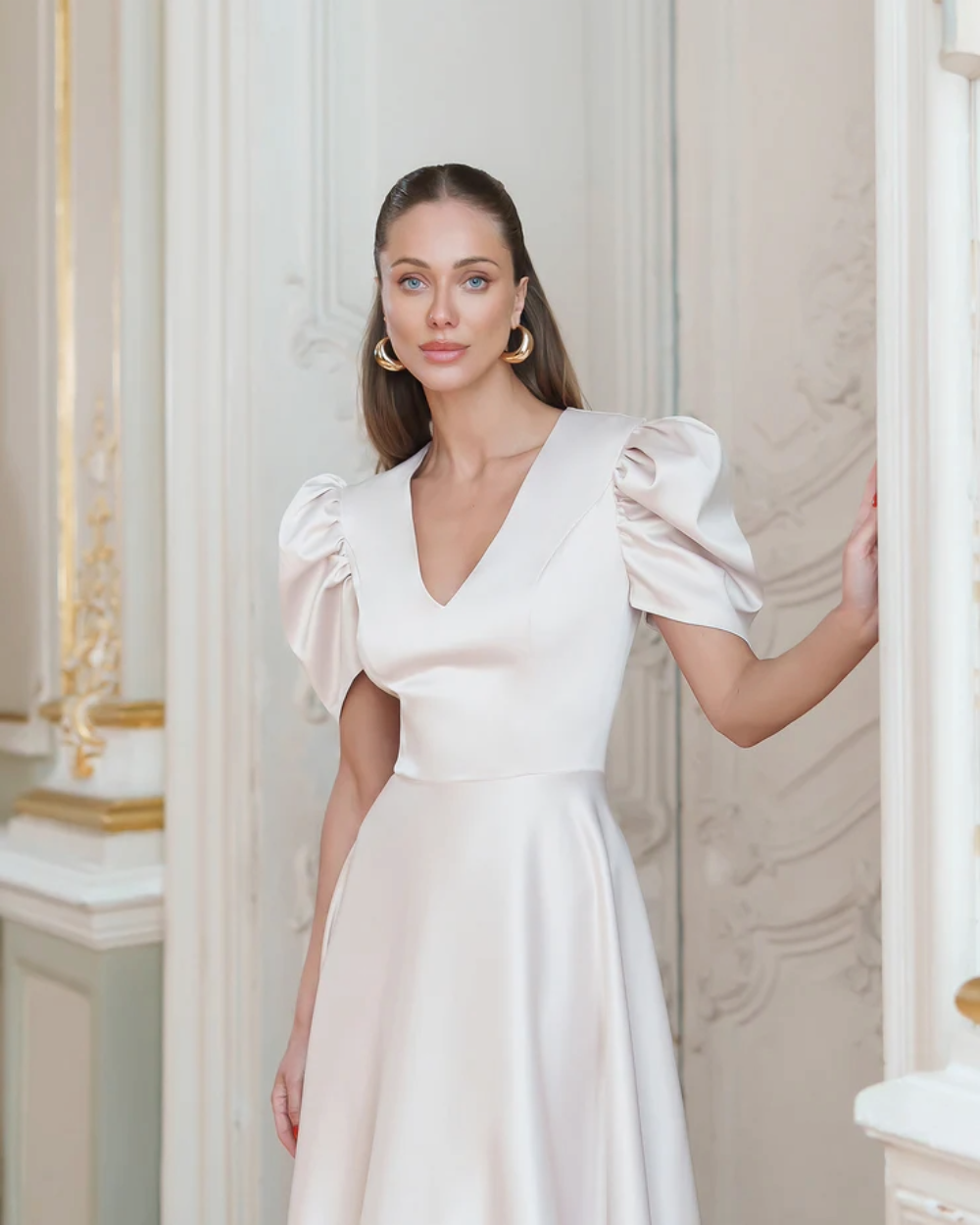 Sophie Beige V-Neck  Midi Dress