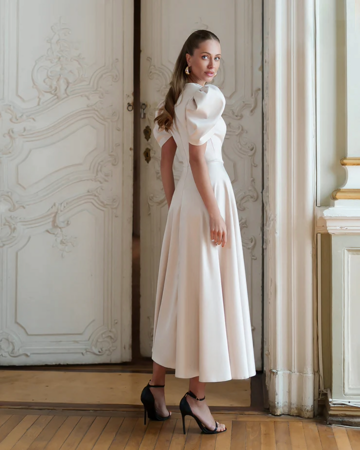 Sophie Beige V-Neck  Midi Dress