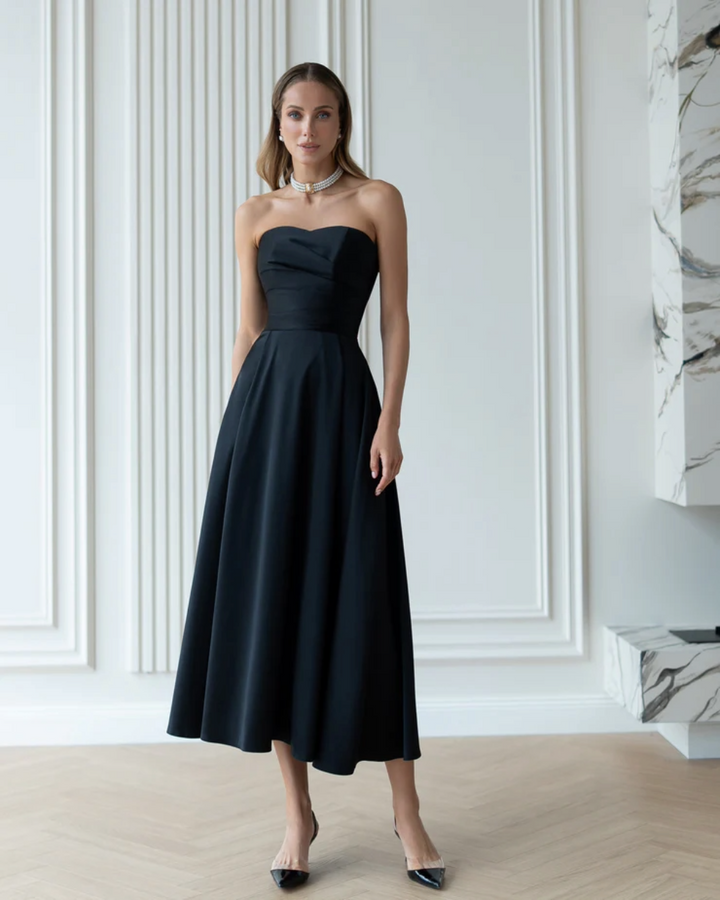 Jessica Black Satin Strapless Sweetheart Midi Dress