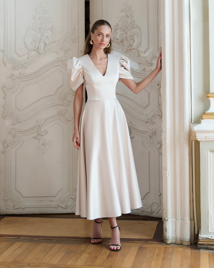 Sophie Beige V-Neck  Midi Dress