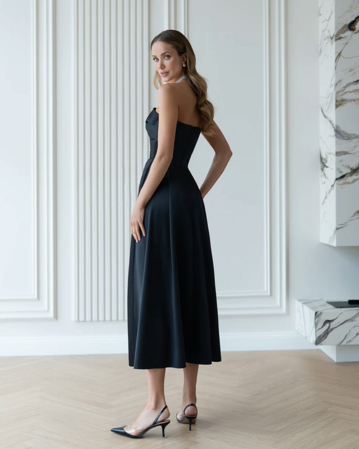 Jessica Black Satin Strapless Sweetheart Midi Dress