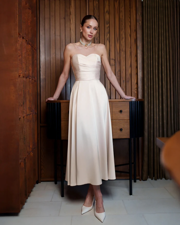 Jessica Beige Satin Strapless Sweetheart Midi Dress