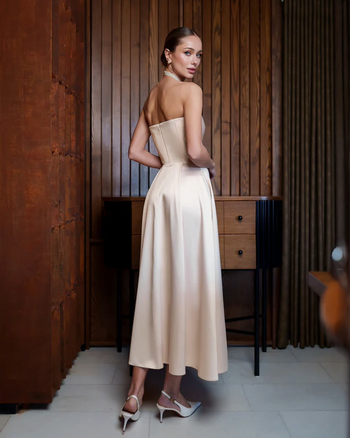 Jessica Beige Satin Strapless Sweetheart Midi Dress