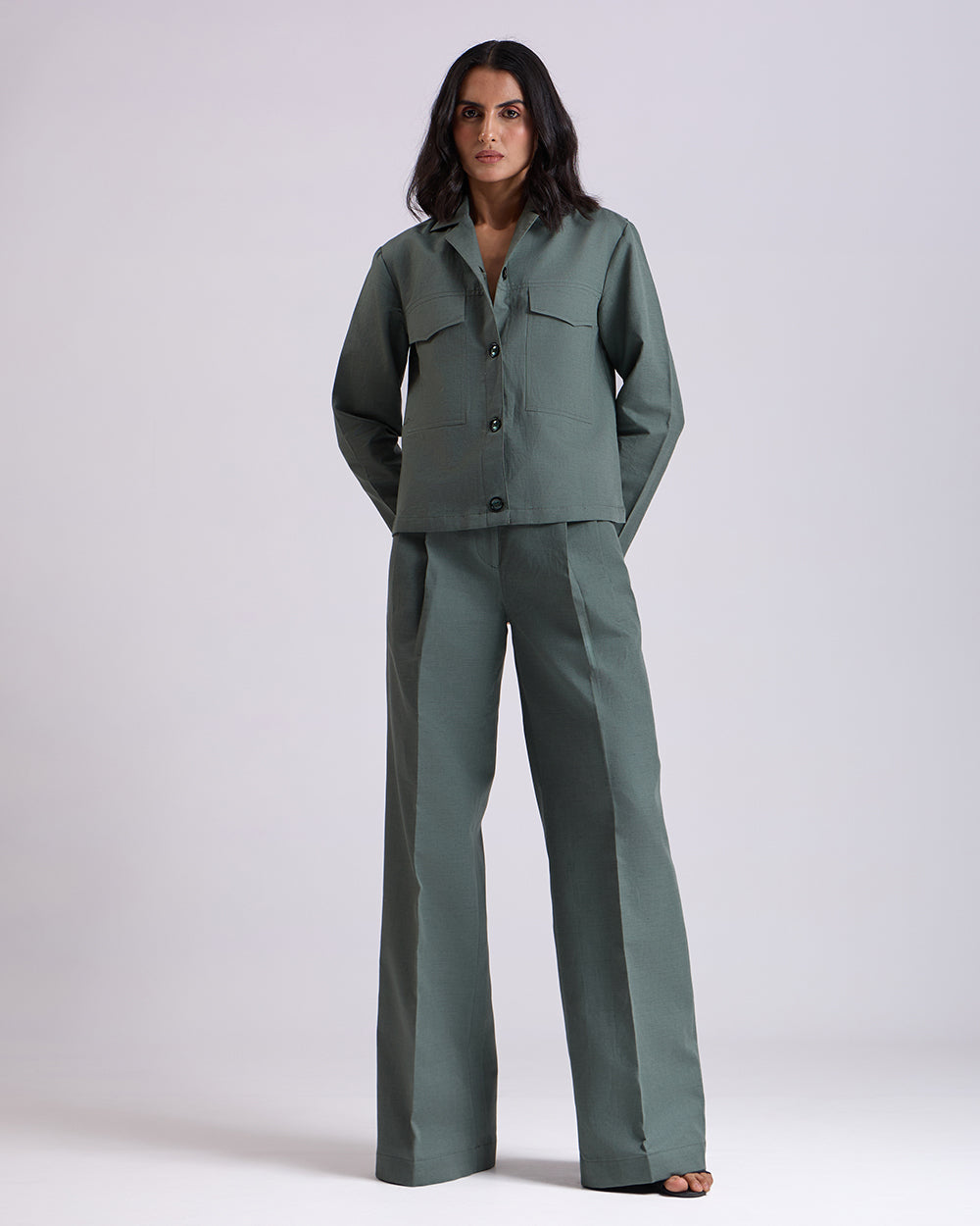 Green Crop Shirt And Pant Set