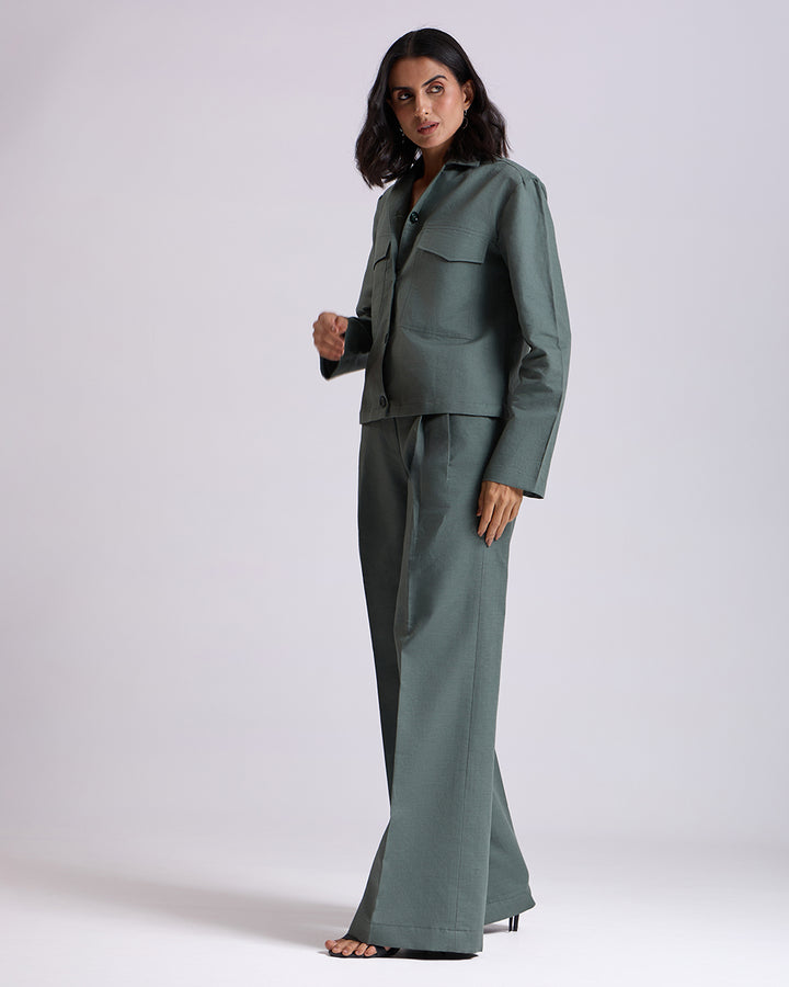 Green Crop Shirt And Pant Set