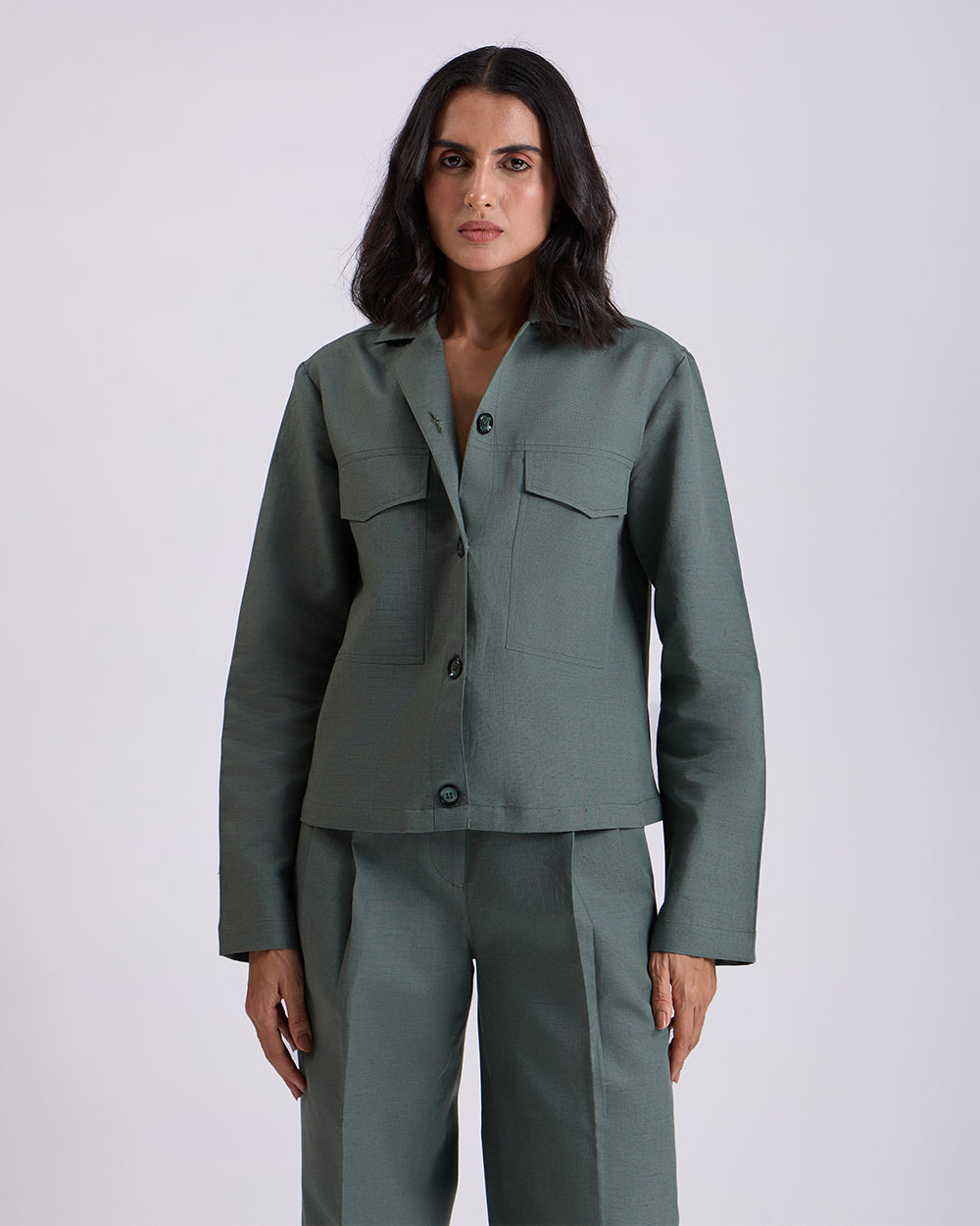 Green Crop Shirt And Pant Set