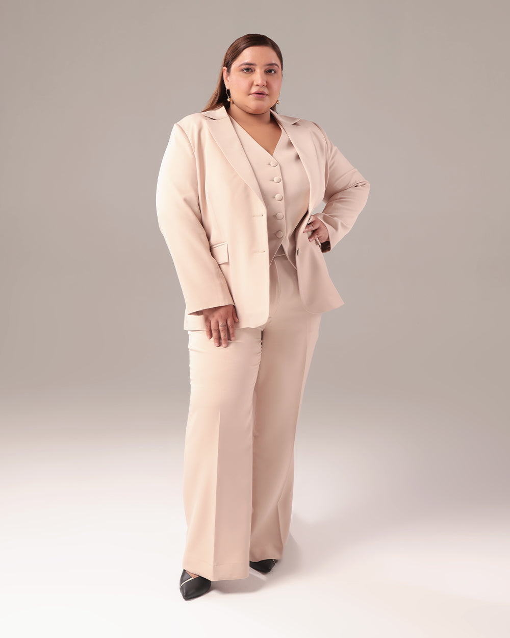 Beige Slim Fit Blazer Set