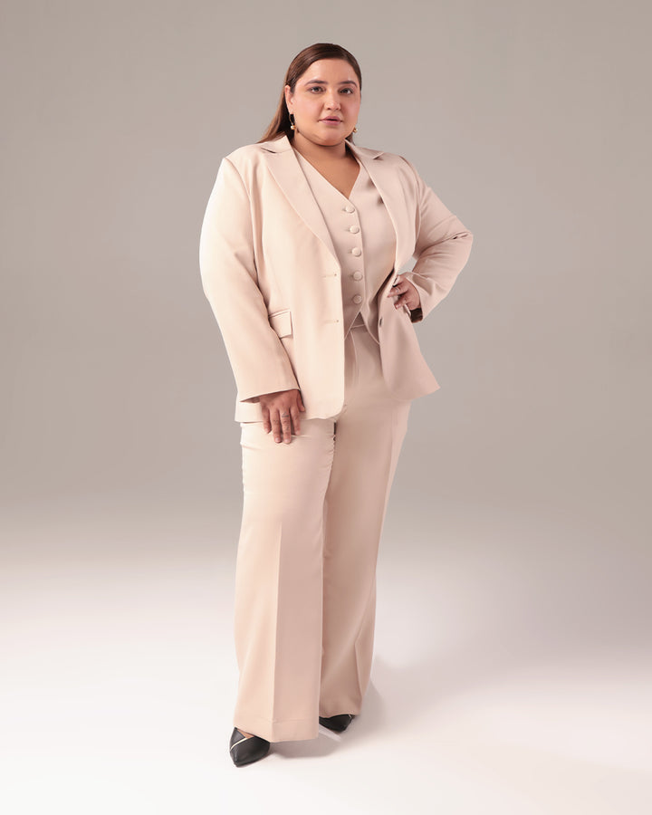 Beige Slim Fit Blazer Set