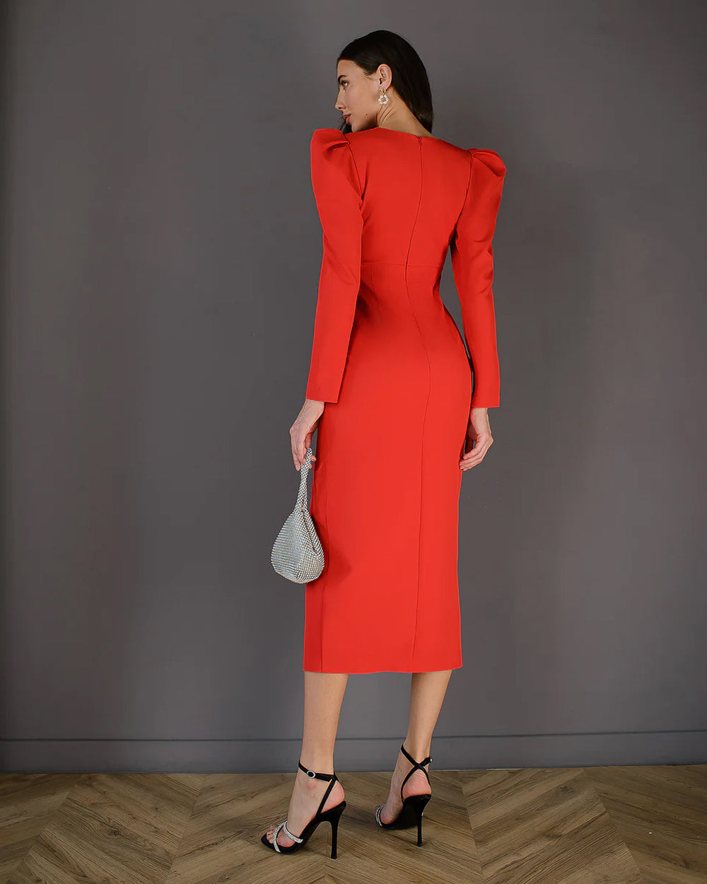 Red Puff Sleeve Midi Dress