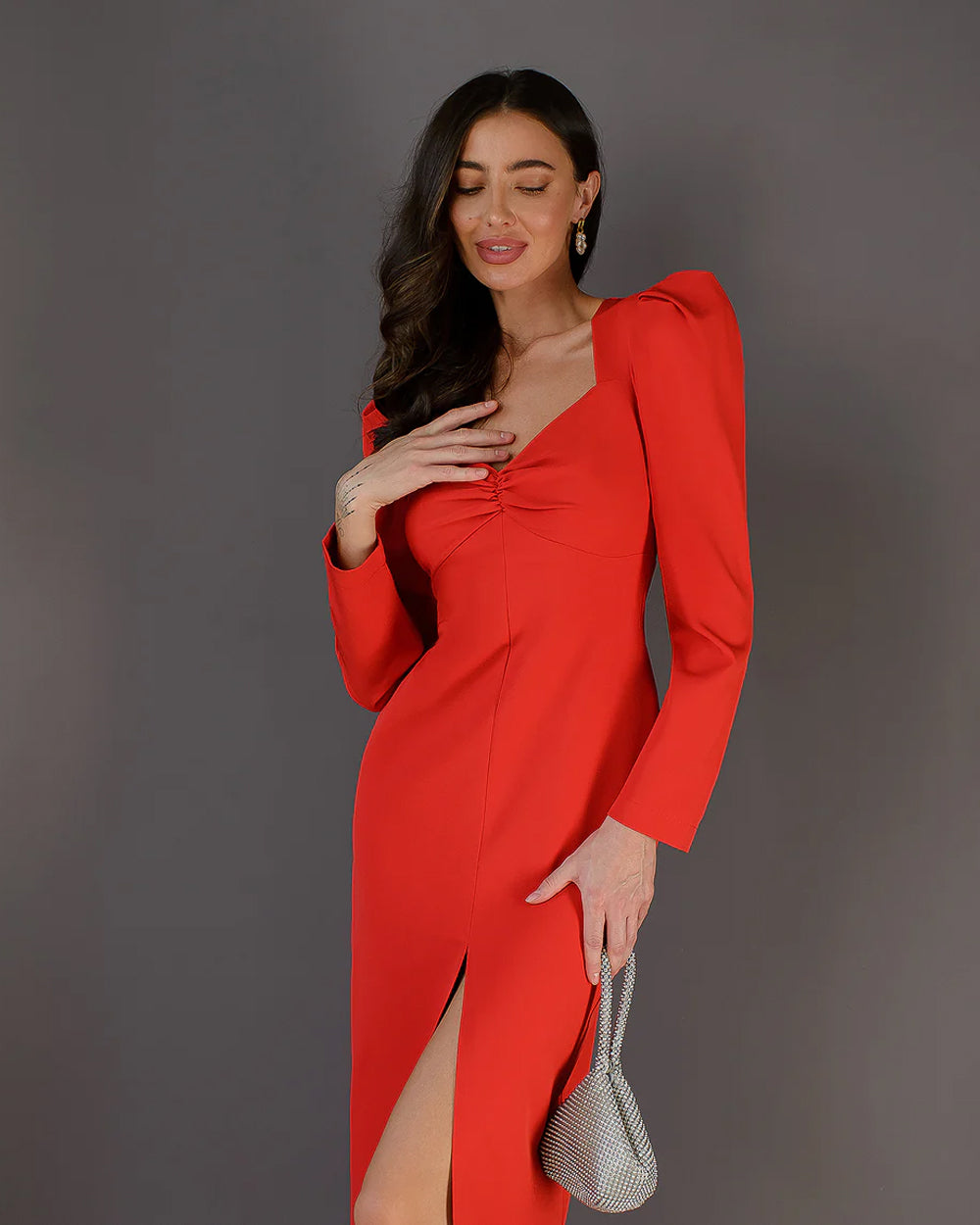 Red Puff Sleeve Midi Dress