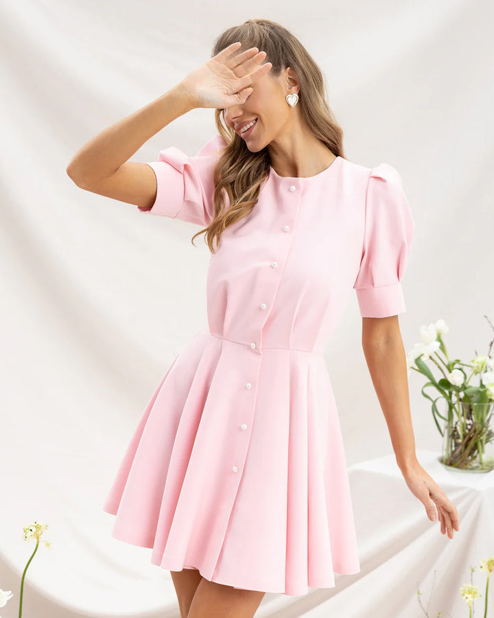 Light Pink Buttoned Puff-Sleeve Mini Dress