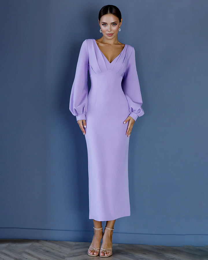 Lavender V-Neck Puff-Sleeve Midi Dress