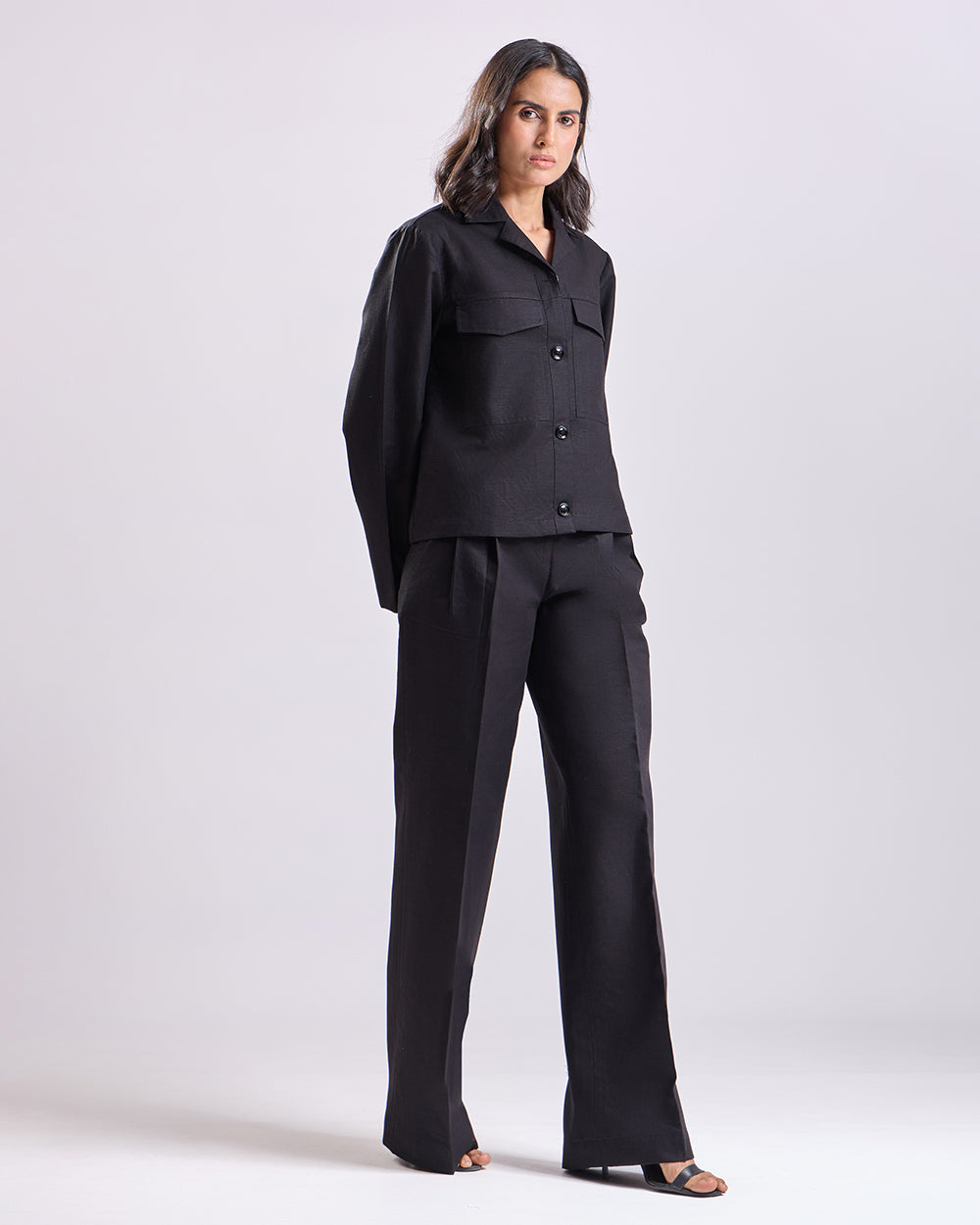 Black Crop Shirt And Pant Set