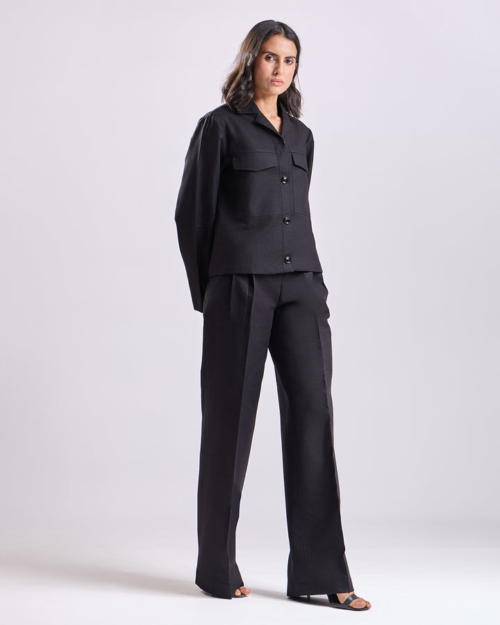 Black Crop Shirt And Pant Set