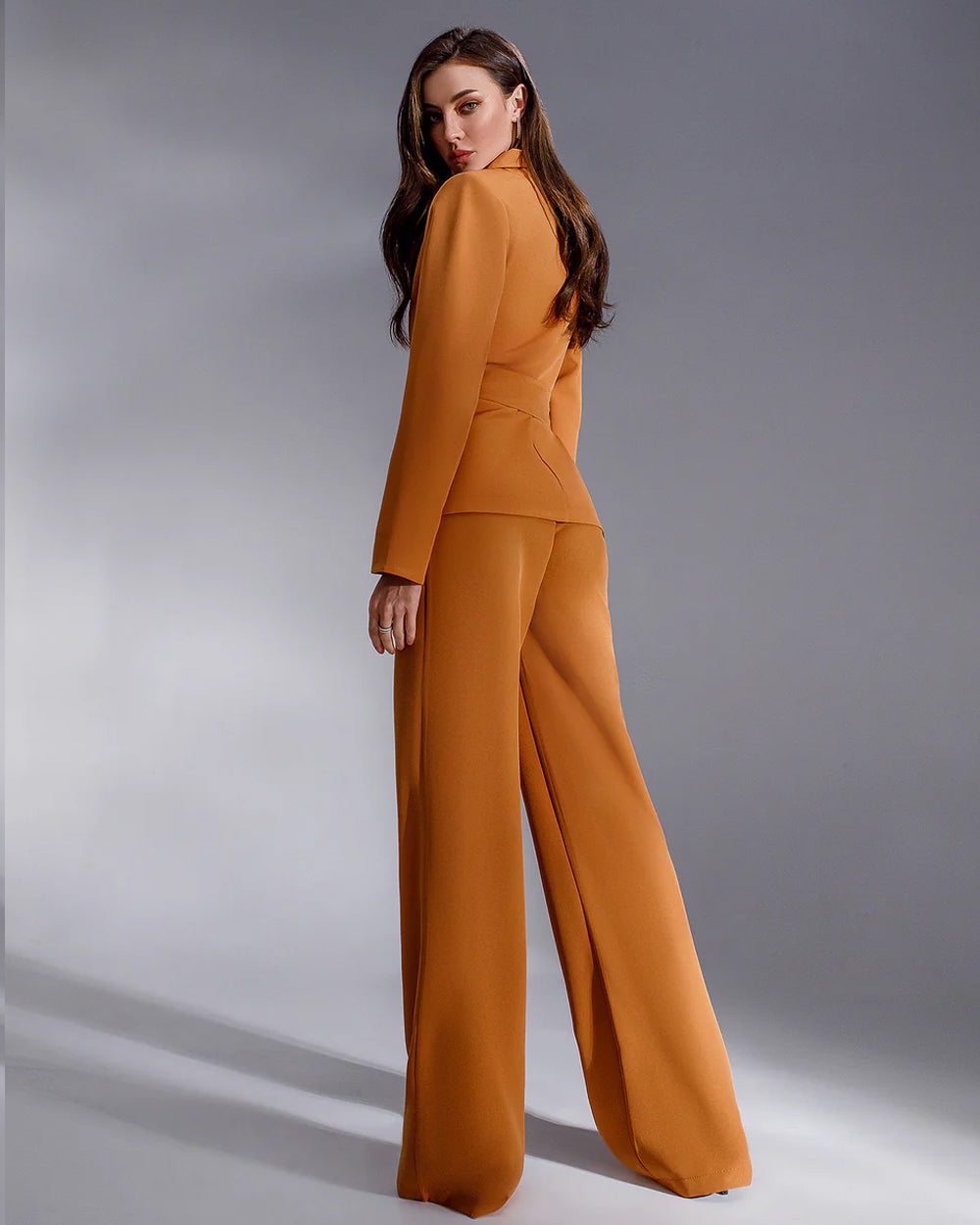 Camel Belted Wide-Leg Blazer Suit