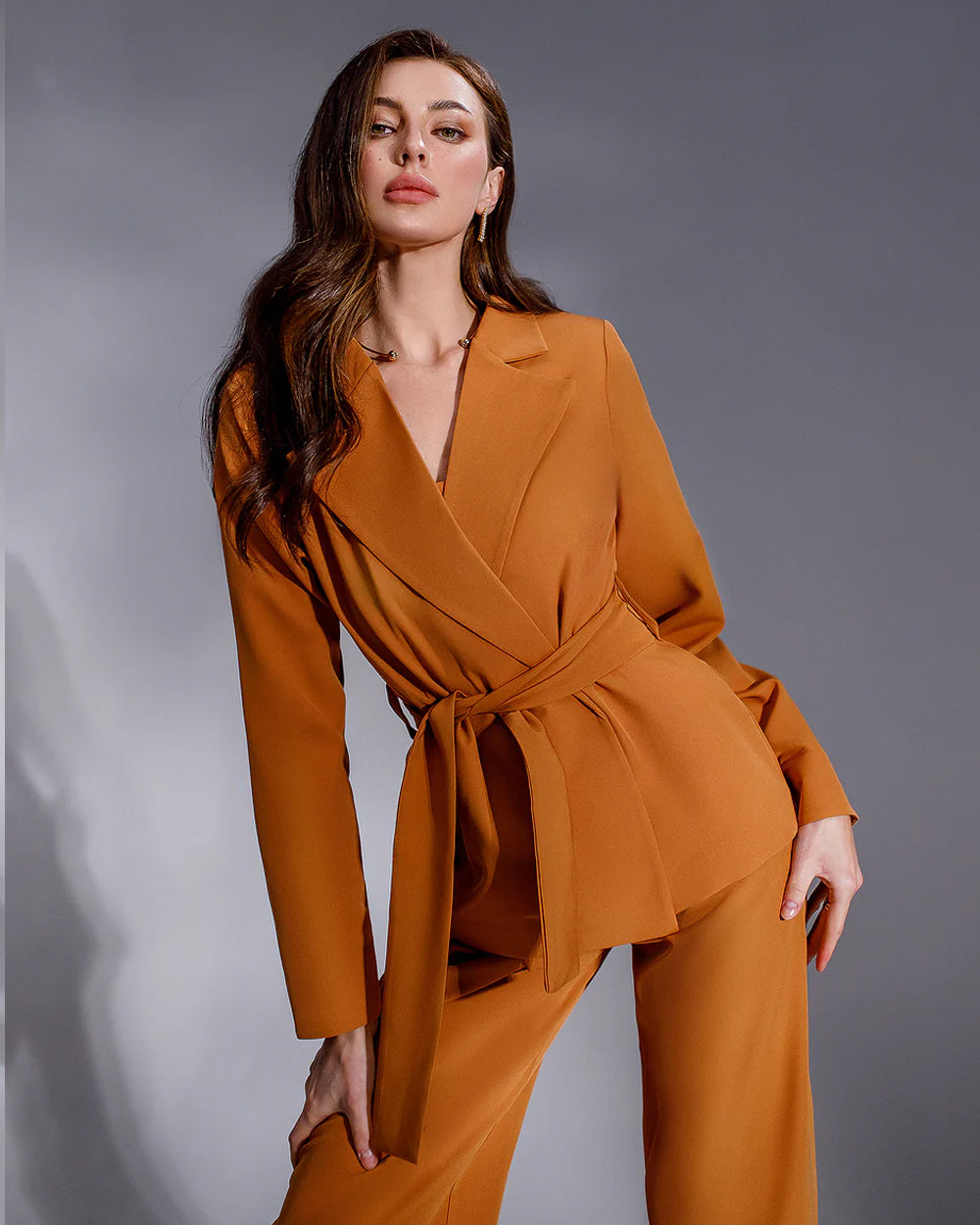 Camel Belted Wide-Leg Blazer Suit