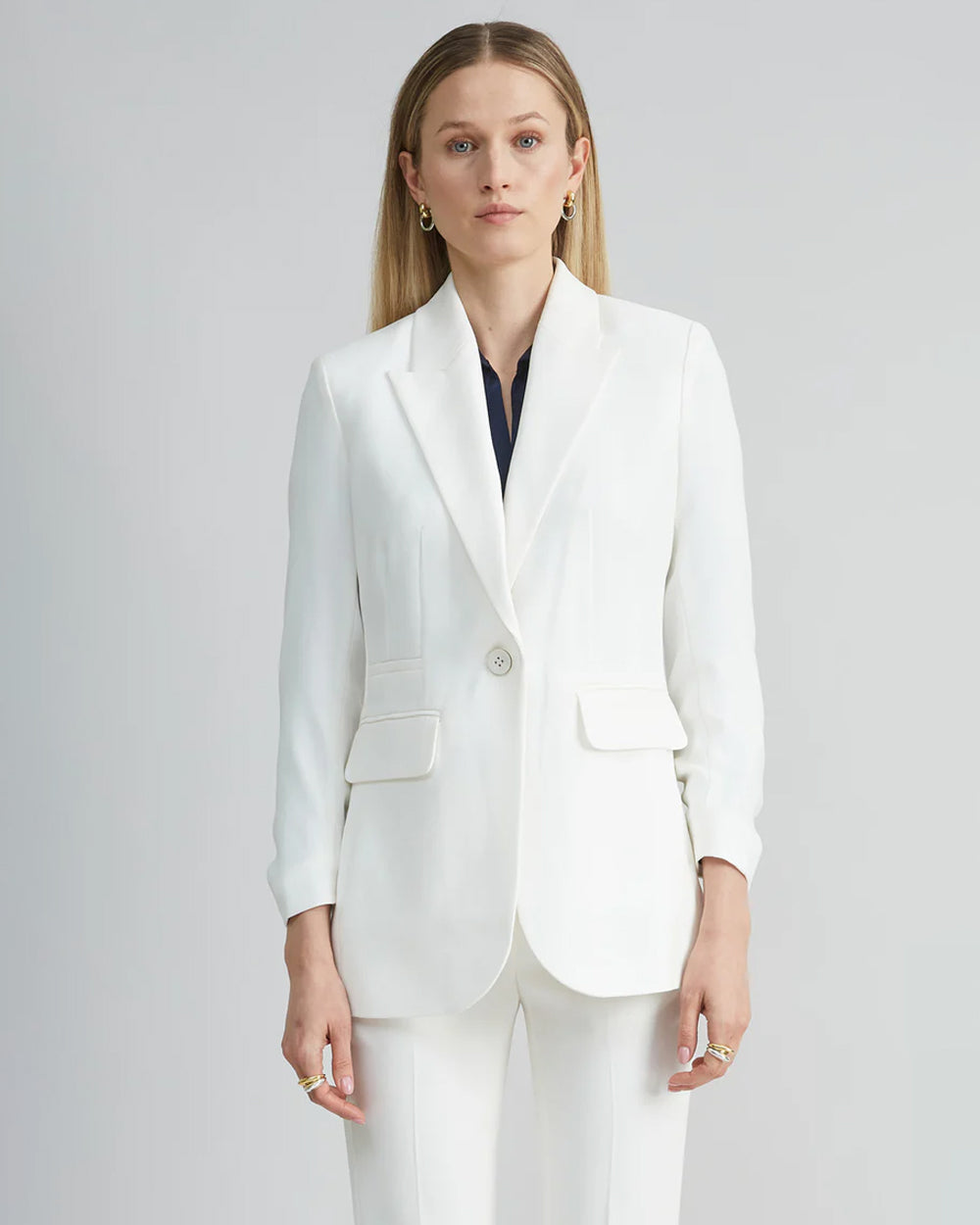 White single breasted blazer with ruched sleeves