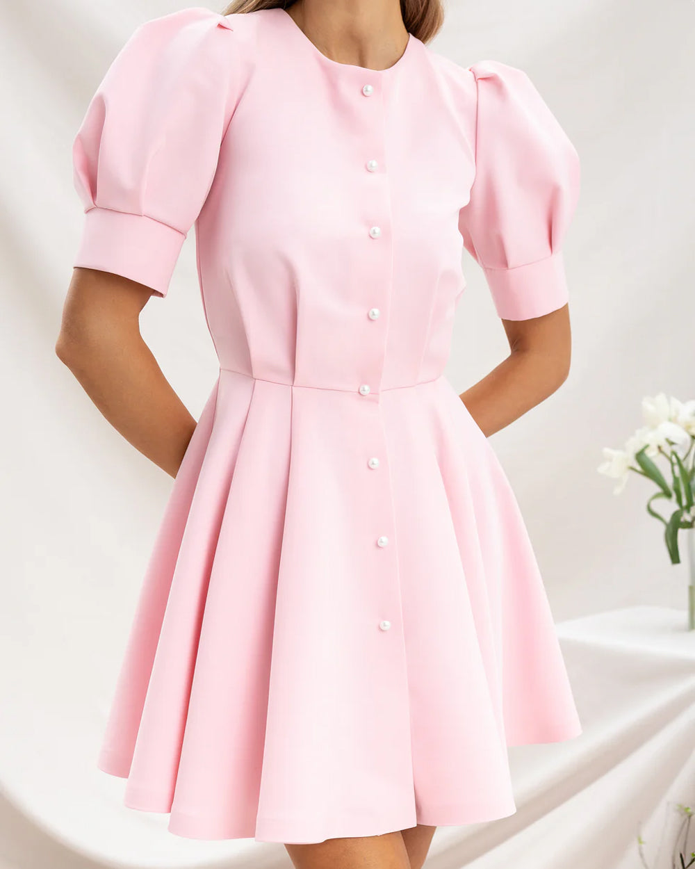 Light Pink Buttoned Puff-Sleeve Mini Dress