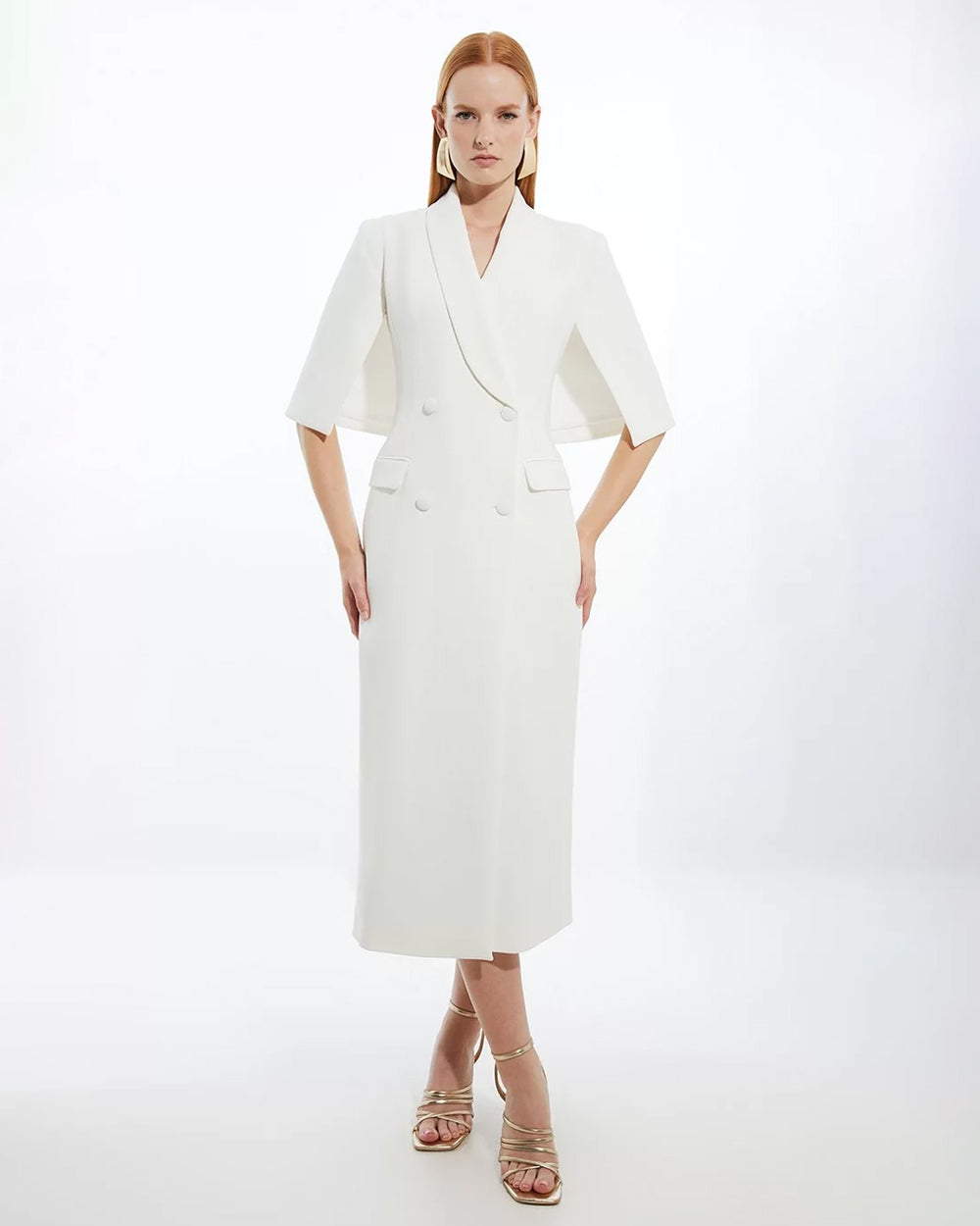 Bella White Cape Sleeve Midi Blazer Dress