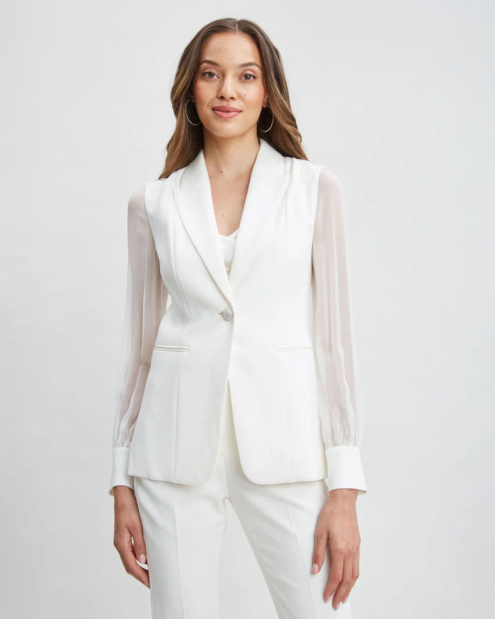 White Single-Breatsed Blazer With Organza Sleeves