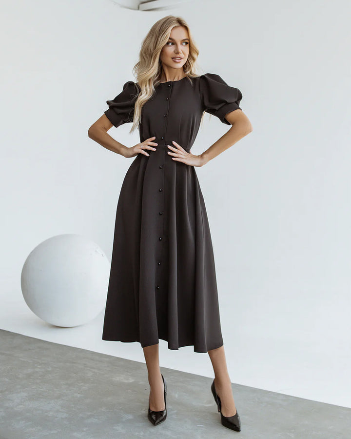 Black Buttoned Puff-Sleeve Midi Dress