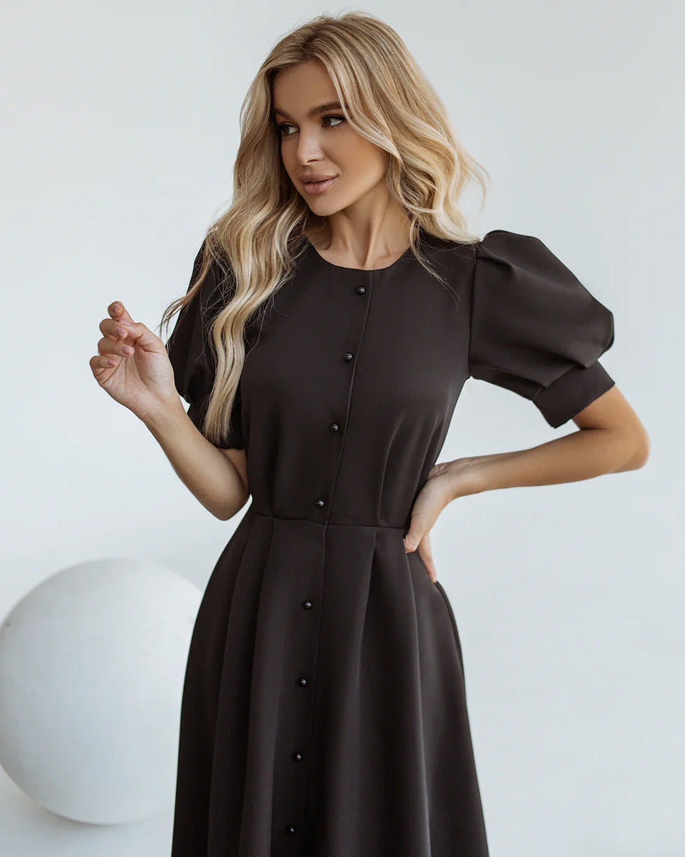 Black Buttoned Puff-Sleeve Midi Dress