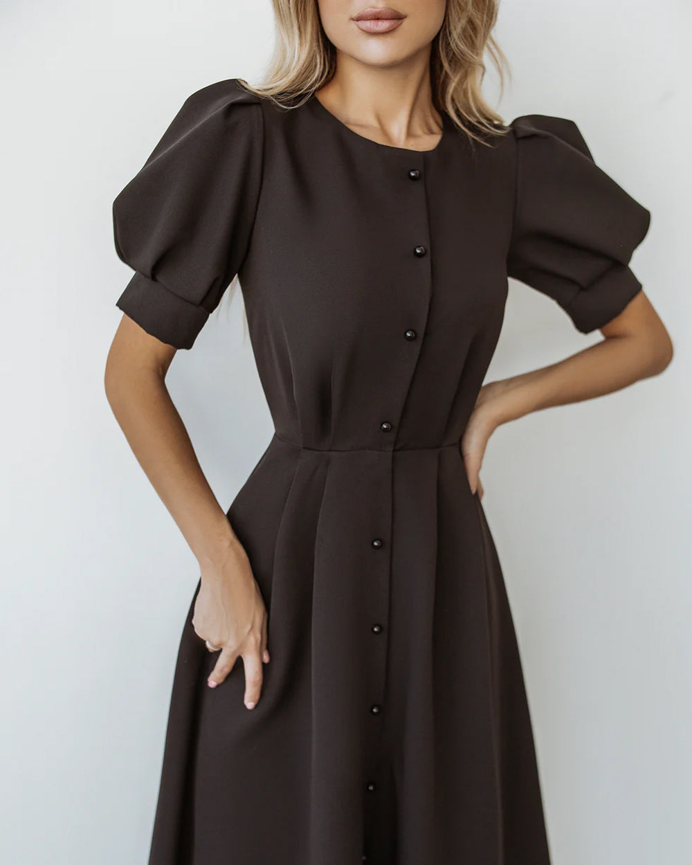 Black Buttoned Puff-Sleeve Midi Dress