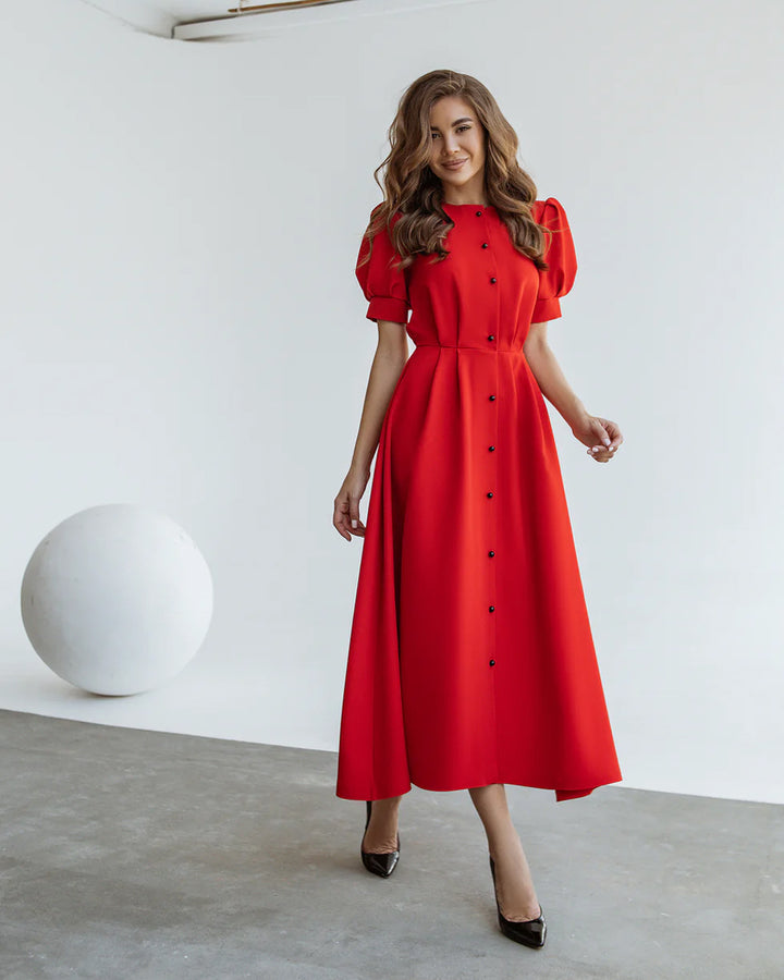 Red Buttoned Puff-Sleeve Midi Dress