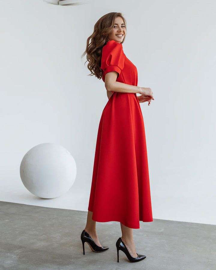 Red Buttoned Puff-Sleeve Midi Dress