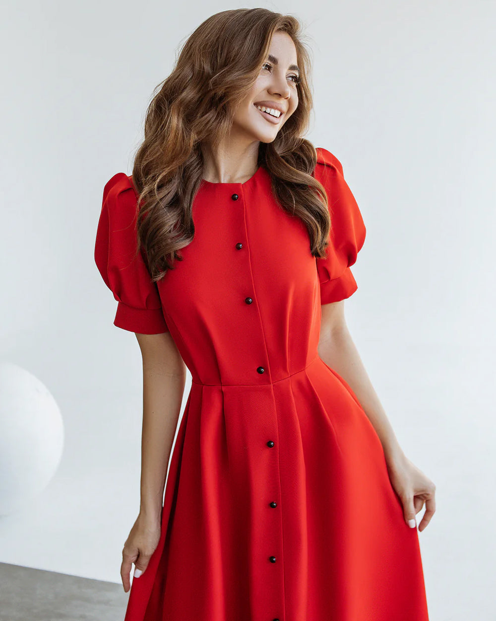 Red Buttoned Puff-Sleeve Midi Dress