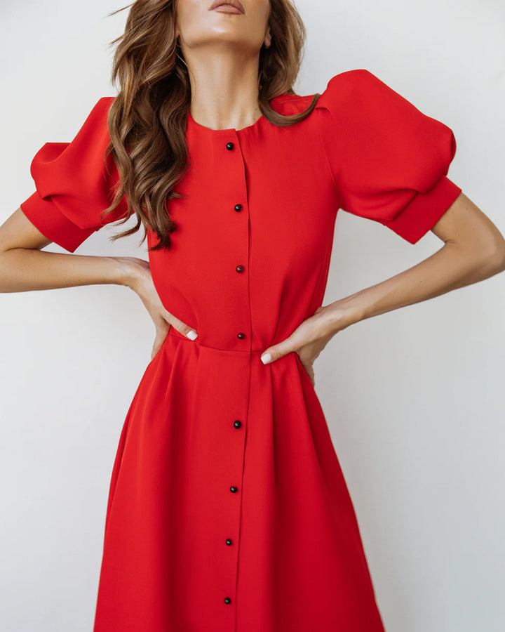 Red Buttoned Puff-Sleeve Midi Dress