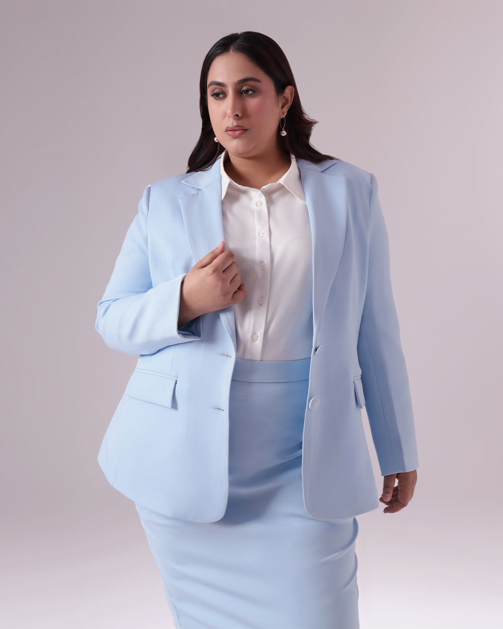 Sky Blue Single Breasted Blazer & Skirt Set