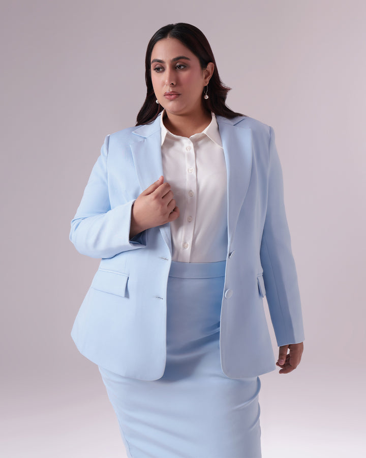Sky Blue Single Breasted Blazer & Skirt Set