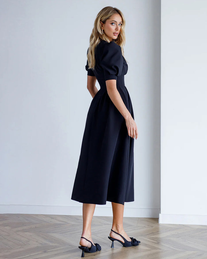 Black V-Neck Puff-Sleeve Midi Dress