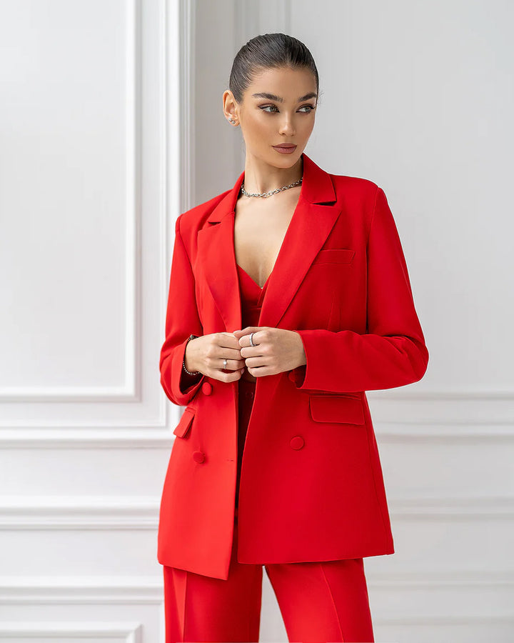 Red Double Breasted Wide-Leg Suit