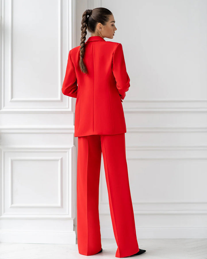 Red Double Breasted Wide-Leg Suit