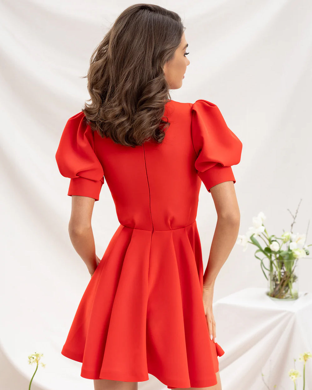 Red Buttoned Puff-Sleeve Mini Dress