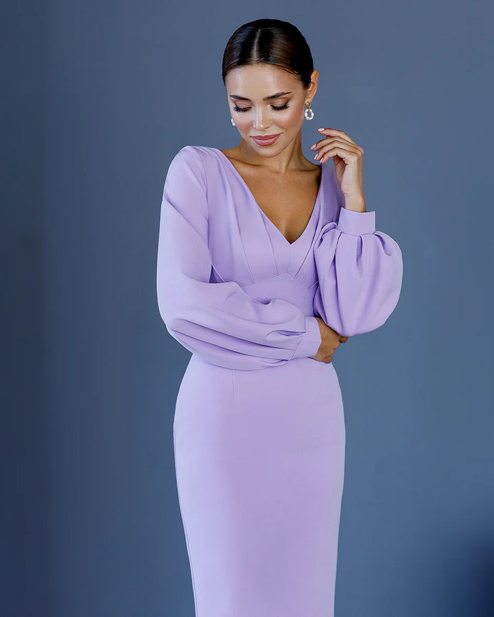 Lavender V-Neck Puff-Sleeve Midi Dress