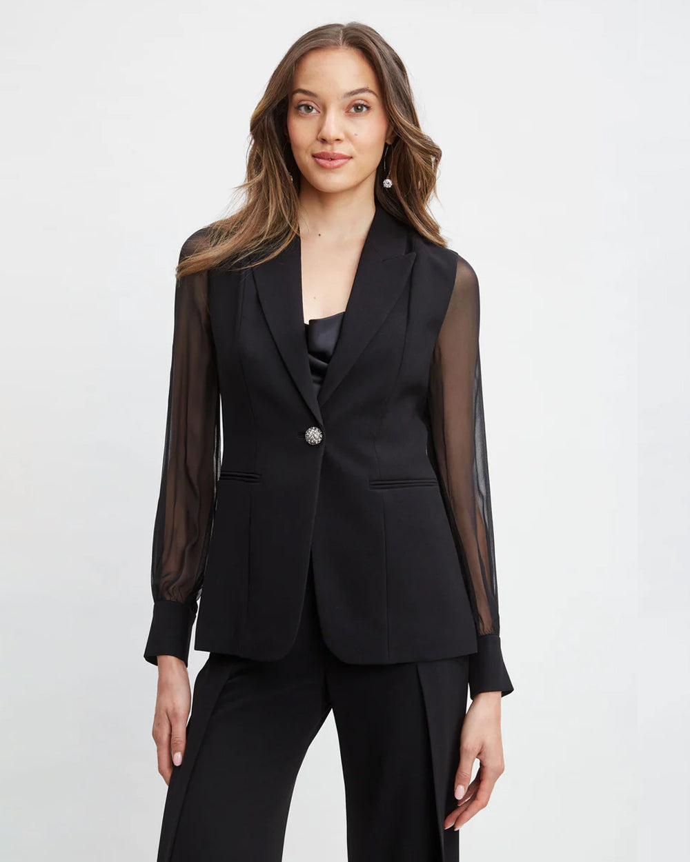 Black Single-Breatsed Blazer With Organza Sleeves