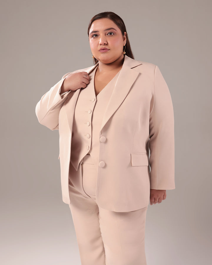 Beige Slim Fit Blazer Set