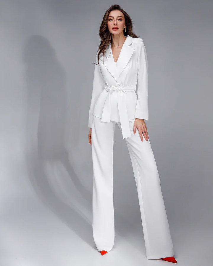 White Belted Wide-Leg Suit Blazer Suit