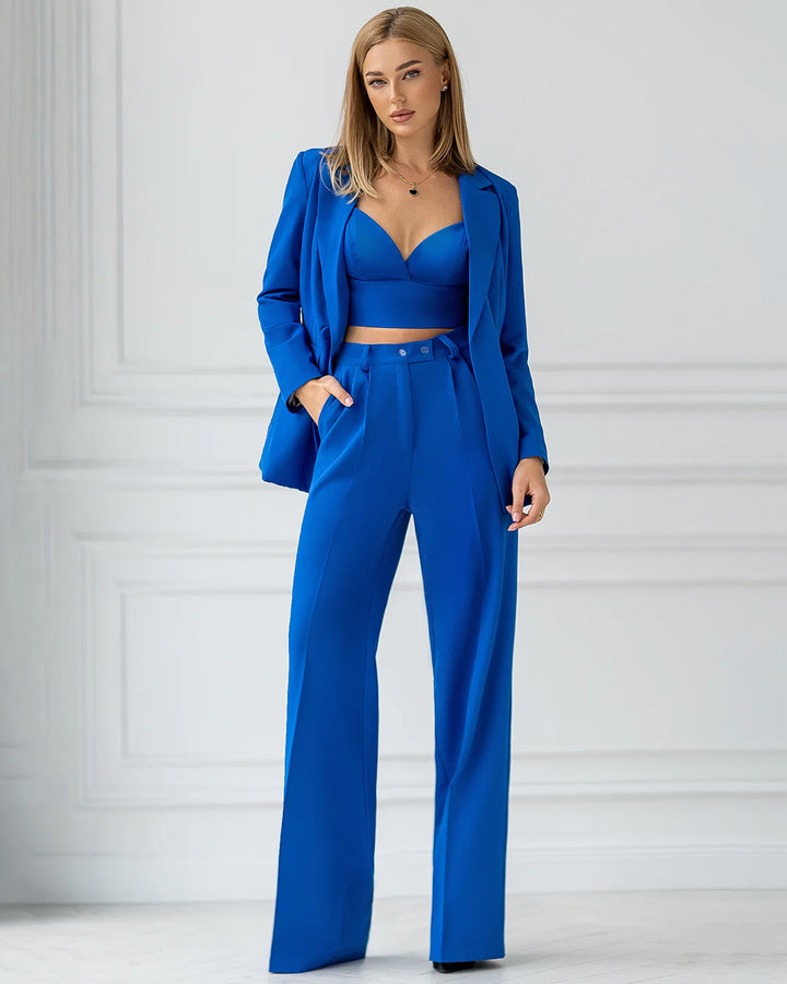 Blue Double Breasted Wide-Leg Suit