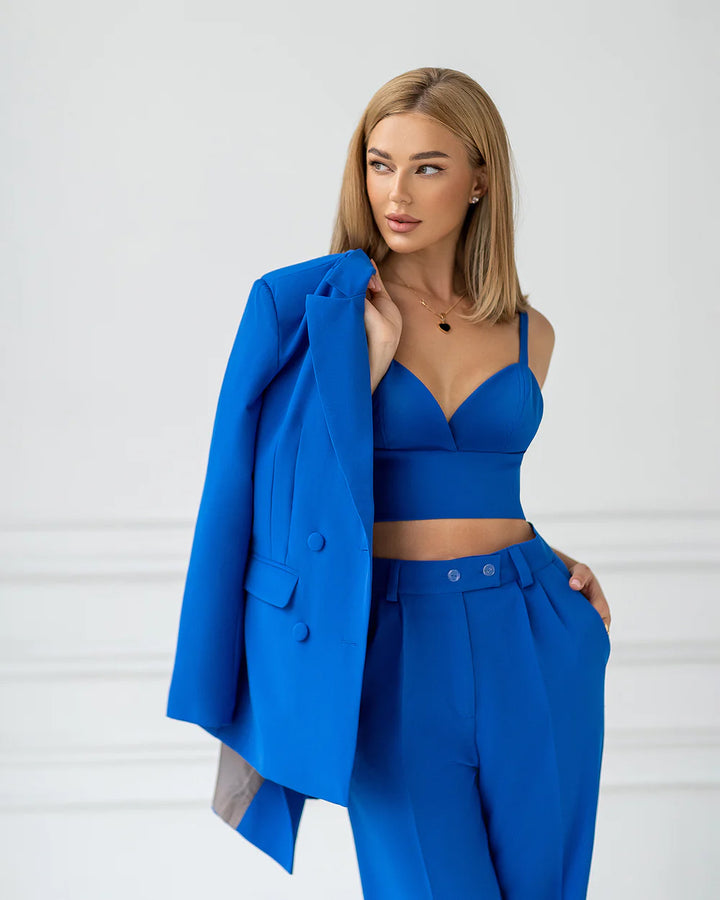 Blue Double Breasted Wide-Leg Suit